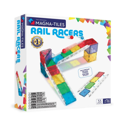 Magna-Tiles Rail Racers toy set packaging with colorful magnetic building blocks 