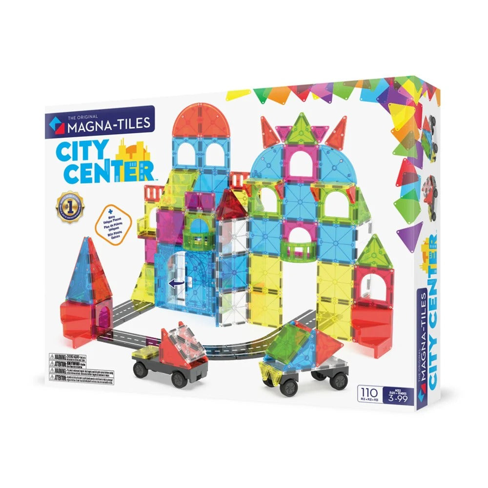 Magna-Tiles City Center toy set packaging with colorful magnetic building pieces and cars 