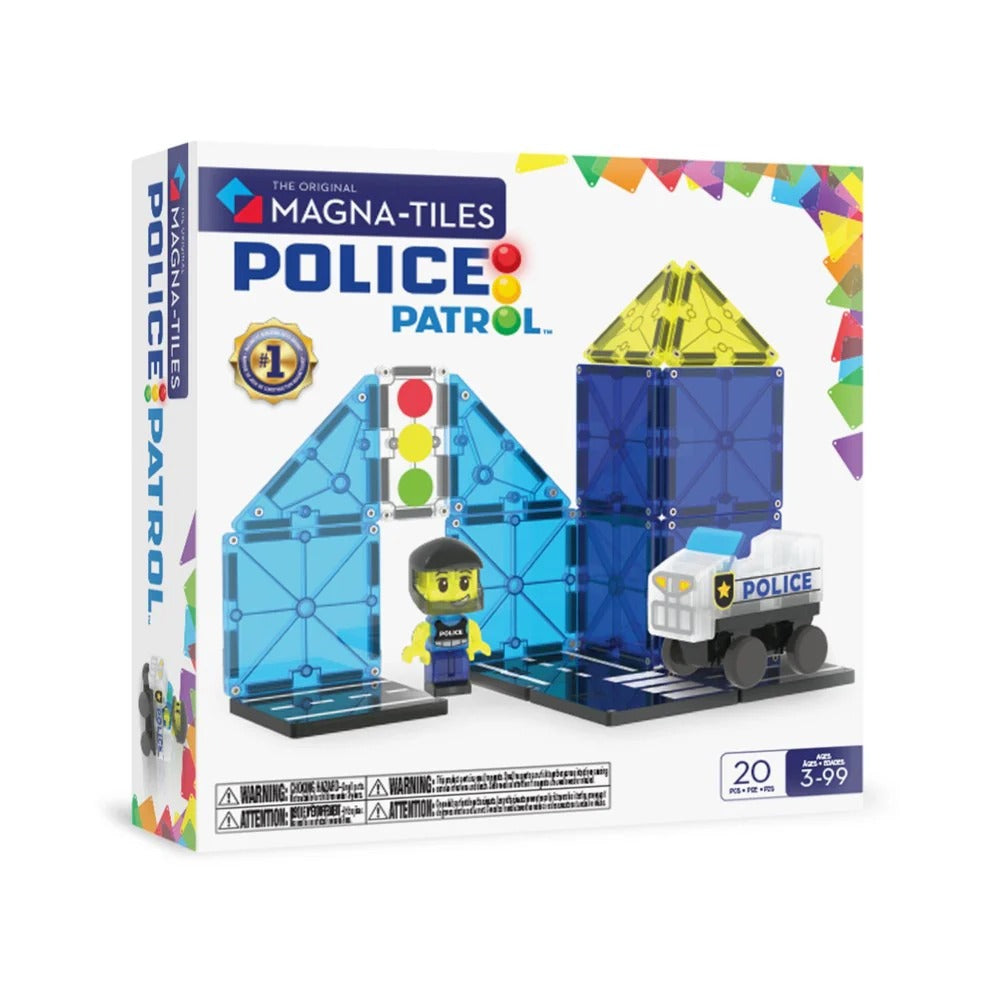 Magna-Tiles Police Patrol set packaging with toy figures and structures 