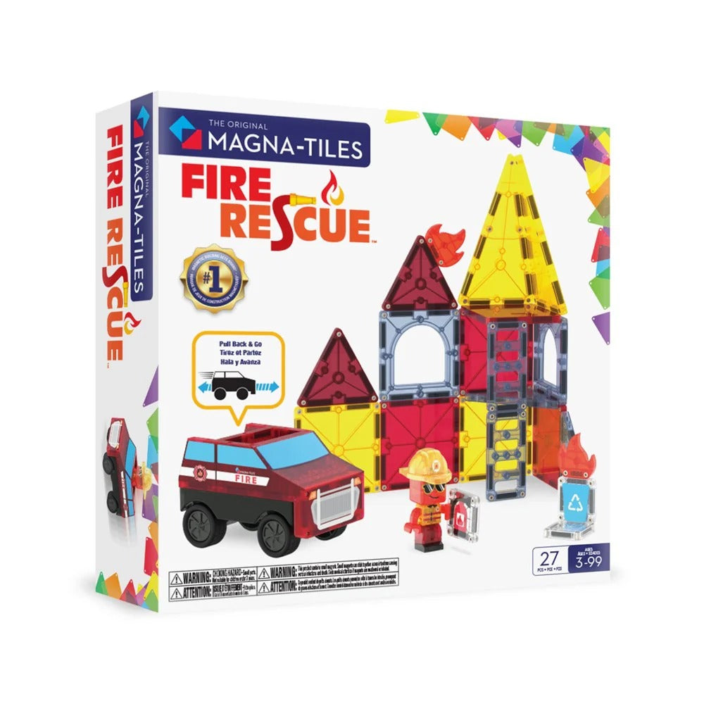 Magna-Tiles Fire Rescue toy set packaging with colorful magnetic building pieces and fire truck illustration