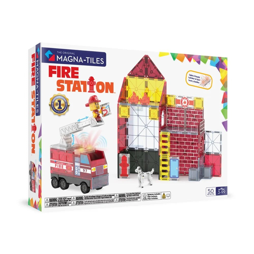 Magna-Tiles Fire Station toy set packaging with fire truck and building model 