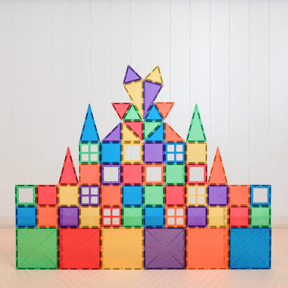 Colorful magnetic building blocks arranged to form a castle 