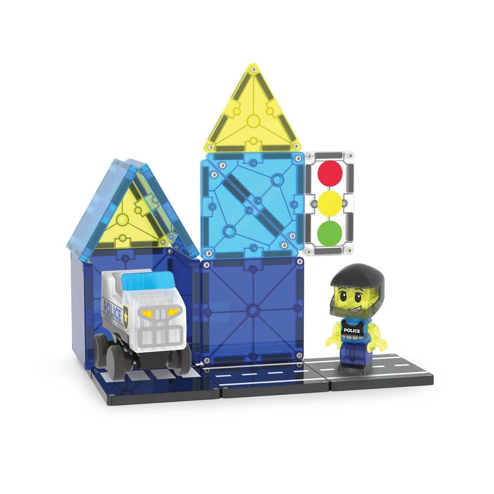 Toy building block set with police theme including a truck, traffic lights, and a figure