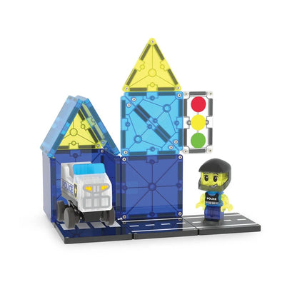 Toy building block set with police theme including a truck, traffic lights, and a figure
