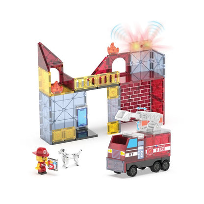 Toy fire station set with fire truck, building, and figures