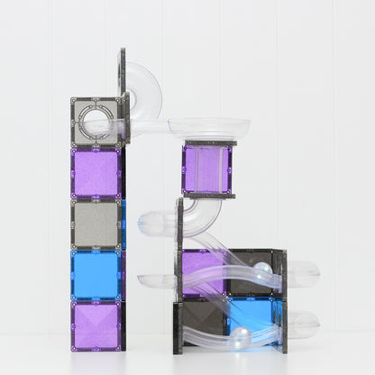 Magnetic building blocks set with clear plastic tubes and tracks