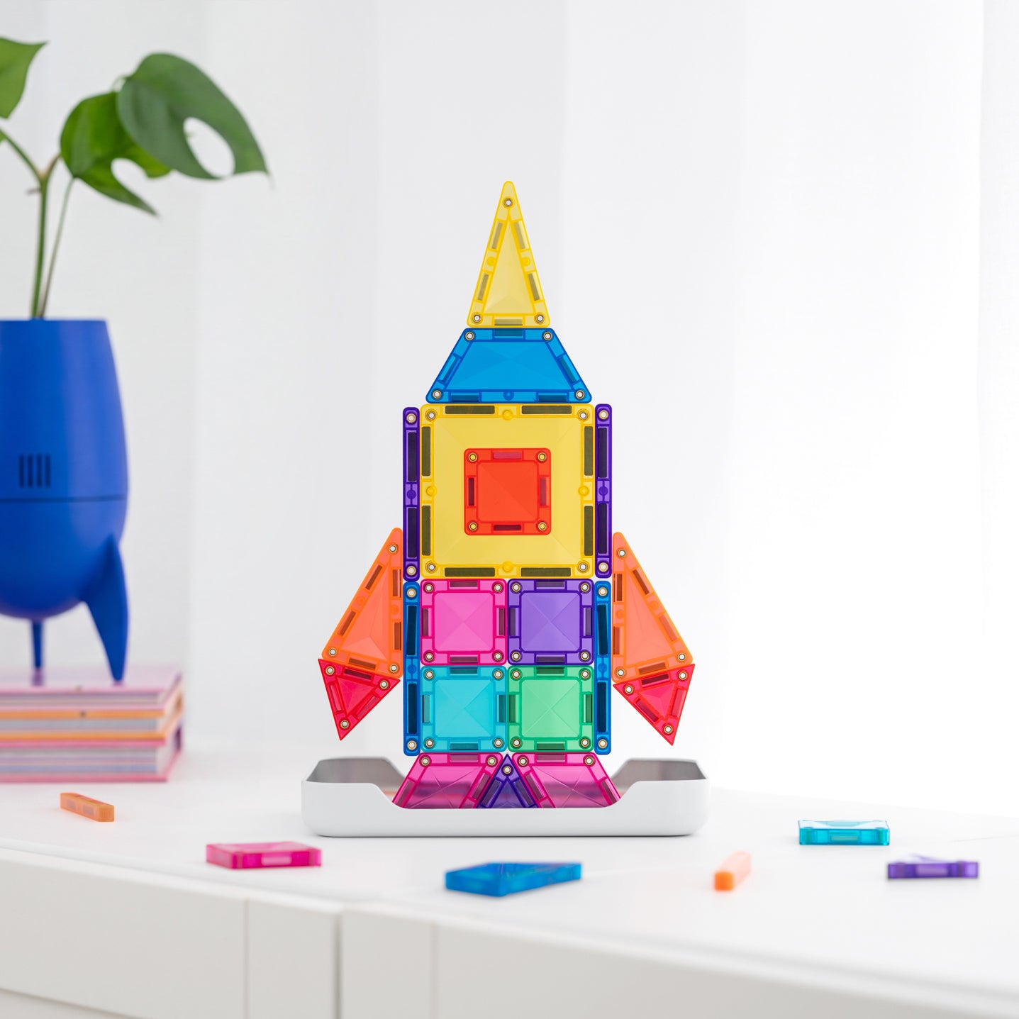 A colorful magnetic tile rocket toy 