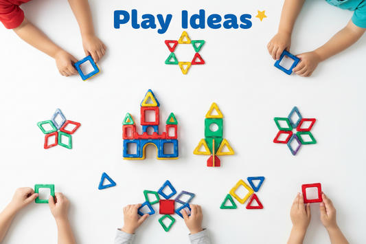 Children playing with colorful magnetic building blocks 