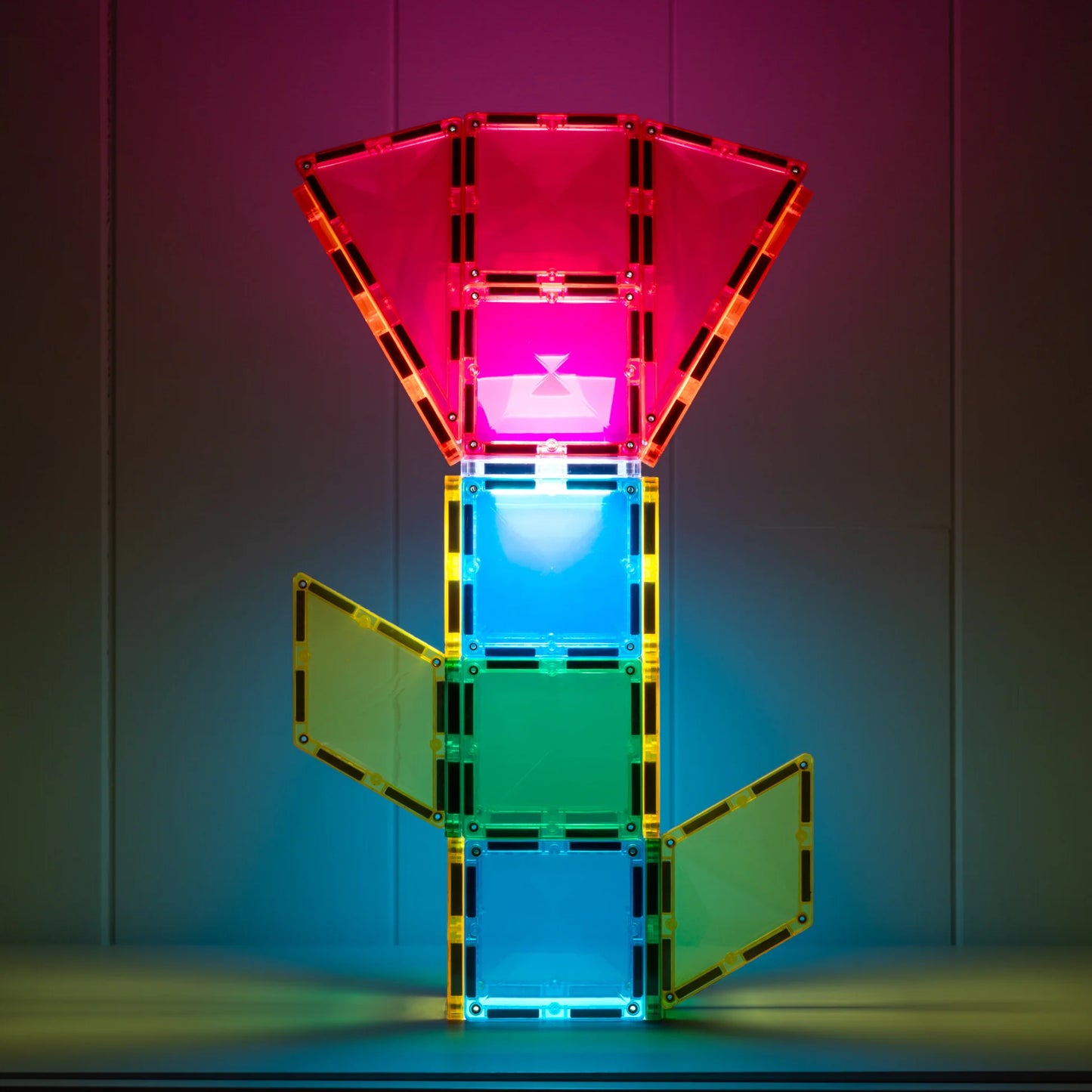 A colorful magnetic tile structure made of translucent acrylic panels