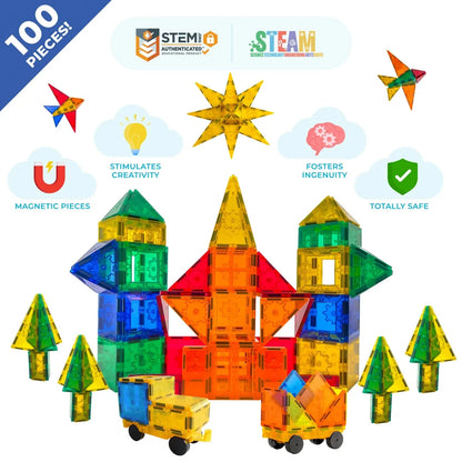 Colorful magnetic building blocks set with STEM education badges